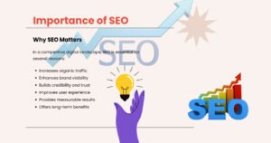Infographic detailing the importance of SEO for small businesses in Bangladesh: traffic, brand visibility, trust, and long-term benefits