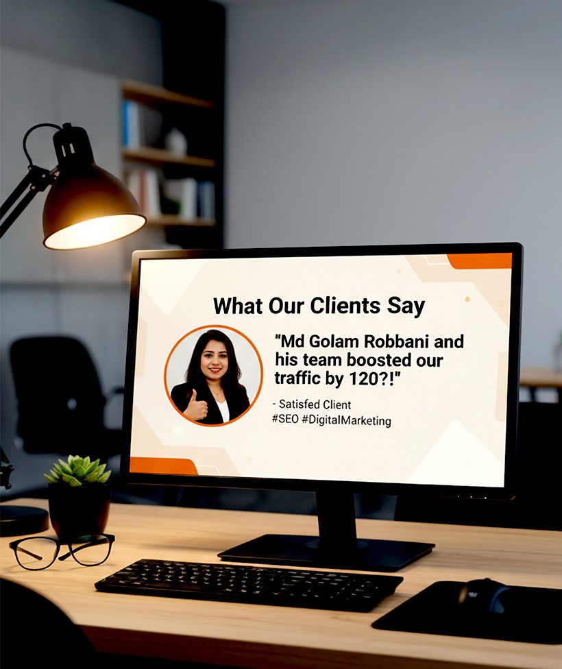 A computer monitor on a wooden desk displays a client testimonial slide titled "What Our Clients Say," featuring a woman's image giving a thumbs-up and text crediting Md Golam Robbani's team for a 120% traffic boost. A desk lamp, keyboard, mouse, glasses, and plant are also visible.